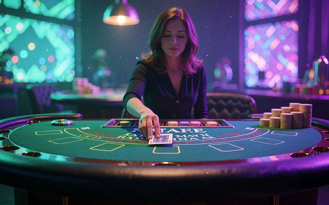 Live blackjack: dealer skubber et kort hen over det gr&oslash;nne filtbord i et d&aelig;mpet casinostudie