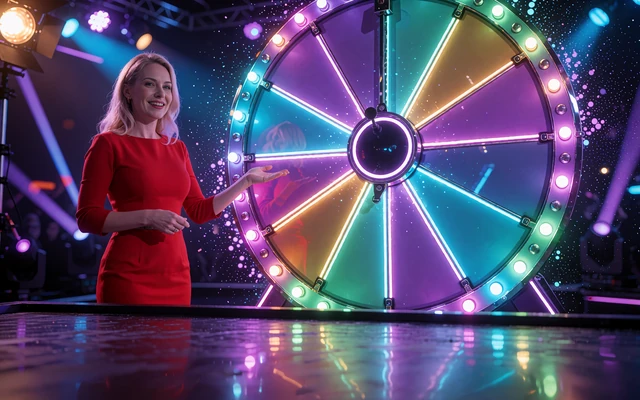 Live game show: v&aelig;rt i r&oslash;d kjole peger p&aring; et stort lysende pr&aelig;miehjul i et neonbelyst studie