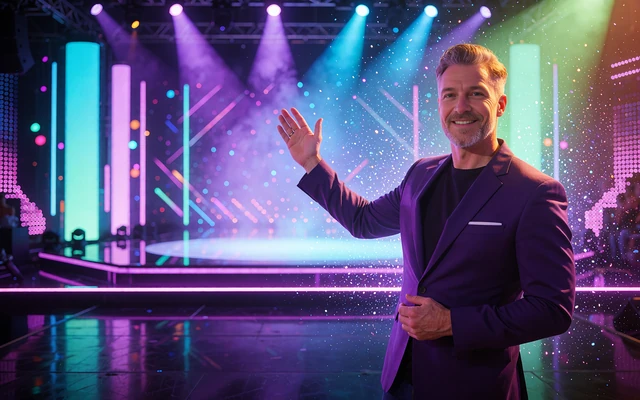 V&aelig;rt i violet blazer pr&aelig;senterer en scene med lyss&oslash;jler og r&oslash;g til et live game show p&aring; WinBeatz