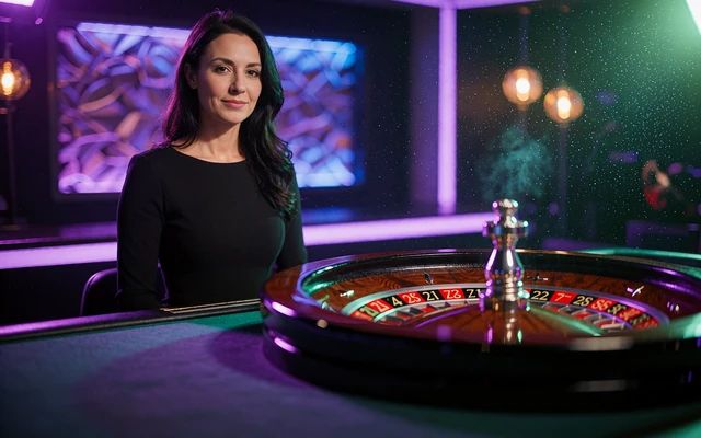Live roulette hos WinBeatz Casino: croupier med m&oslash;rkt h&aring;r ved roulettehjulet i et violet neonstudie