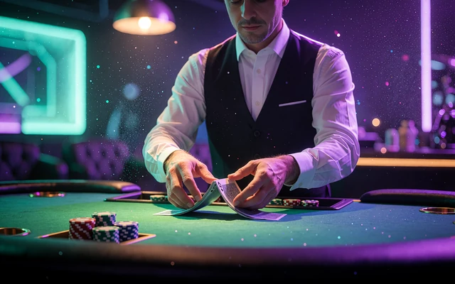 Mandlig dealer i vest blander et kortspil ved blackjackbordet i et live casino med bl&aring;t og violet lys