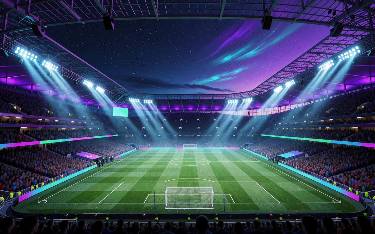 Fodboldstadion om natten med flodlys og gr&oslash;n bane under violet himmel - sportsbook hos WinBeatz