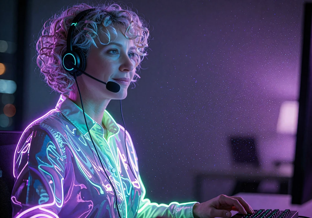 Supportmedarbejder med headset i et d&aelig;mpet kontor med violet lys - kundesupport hos WinBeatz Casino via live chat