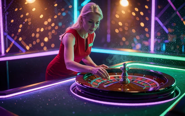 Blond croupier sender kuglen ud p&aring; et snurrende roulettehjul i et live casino-studie med varmt lys