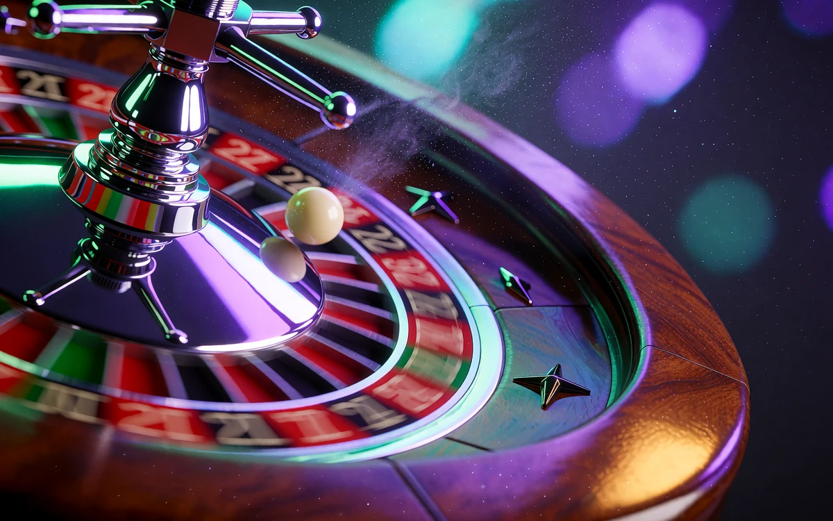 Roulettehjul i bev&aelig;gelse med hvid kugle i neonbelyst studie - live casino roulette hos WinBeatz Casino